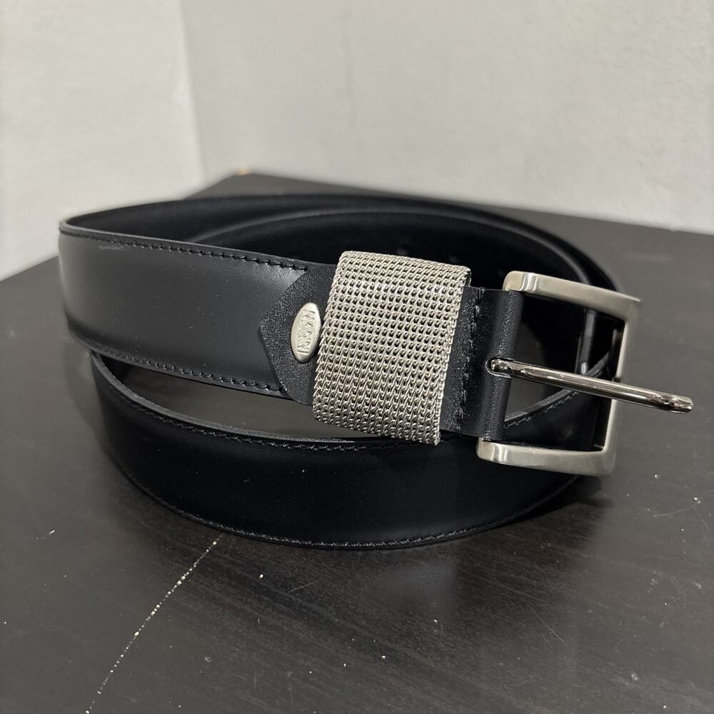 Nanni Italy Black Leather Belt Silver Buckle Metal Mesh Belt Hoop Simple 95/38